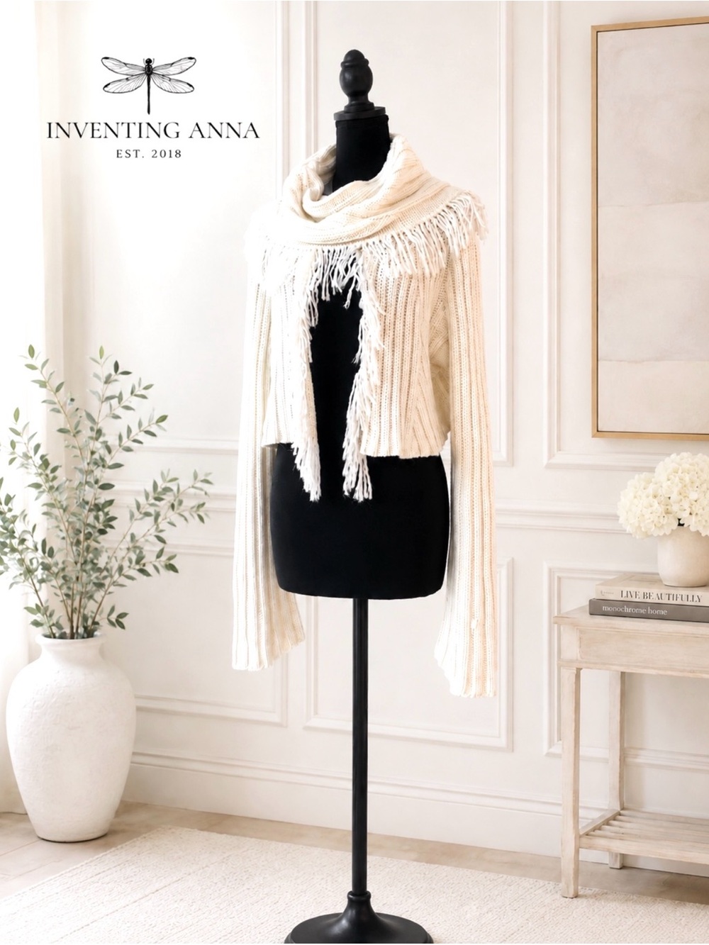 Miss Me Cream Cable Knit Pullover Sweater Cowl Neck Bell Sleeve Fringe Details